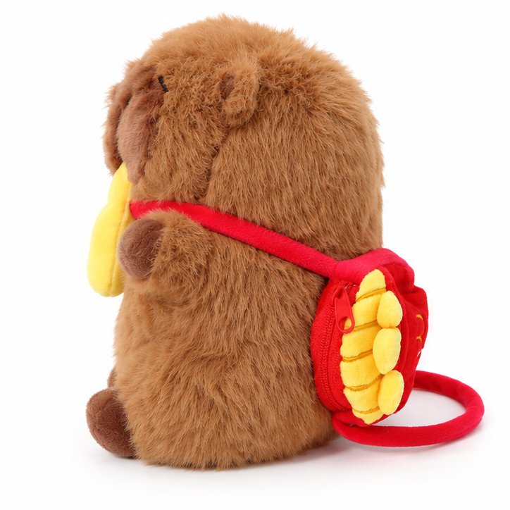 Peluche Capibara Marrón con Morral de Papas y Capa Roja - Imagen 2